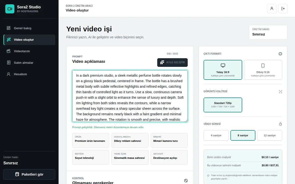 Sora2 Studio video oluşturma ekranı